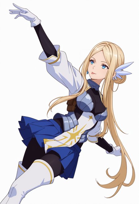 Smooth Quality,masterpiece,very intricate, high quality details, ultra realistic, high detailed skin,detailed enviorement,absurdres,
simple background, white background, dancing, solo,dynamic angle,
 <lora:Krishna_CNR:0.8> krishna_cnr, 1girl,blonde hair,very long hair,single hair bun, sidelocks, parted bangs, blue eyes, breasts,white hair ornament, earrings,armor, breastplate, armored dress, blue skirt, pleated skirt,white gloves, black pantyhose,white thigh boots,, bored,, :p,