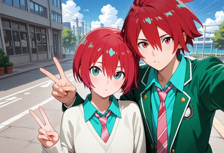 masterpiece, best quality, amazing quality, absurdres, newest, detailed background, definition so sharp, Ultra-HD, 8K cinematic, very awa, impressionate, amazing quality, highres, 
duo, couple focus, different high, different size, side by side, v, selfie, upper body, day, blue sky, outdoor, 
BREAK
(1boy, kagayakibishounen, takuto_red eyes, takuto,red hair, short hair, takuto_school uniform, green blazer, white collared shirt, pink tie),
BREAK
(1girl, amate yuzuriha,aqua shirt,striped necktie,white sweater,),