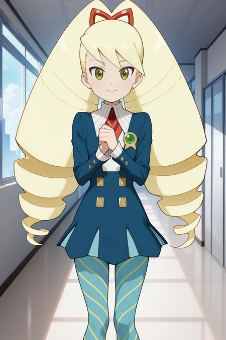 masterpiece, best quality, absurdres, highres, source anime, very aesthetic, very awa, BREAK, anime coloring, anime screencap,
<lora:luna_platz_mega_man_v1-illustrious:1>, 1girl, luna platz \(mega man\), mega man star force \(series\), green eyes, blonde hair, twin drills,
echo ridge school uniform, dress, blue pantyhose, striped pantyhose, 
BREAK, looking at viewer, smile,
BREAK,