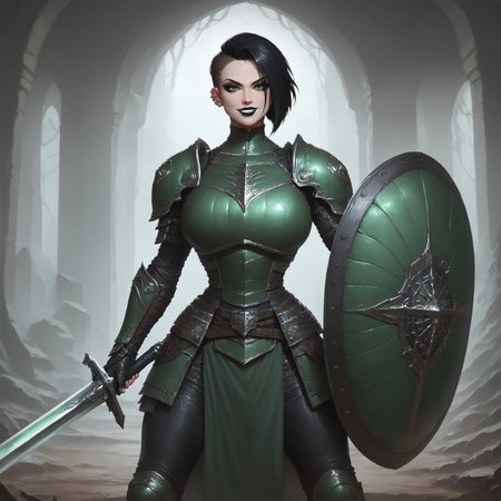 score_9, score_8_up, score_7_up, woman, goth, green eyes, short hair, undercut hair, black hair, looking at the viewer, dynamic pose, blurred background, smile, green armor, massive armor, lips closed, gauntlet, holding a shield, massive green shield, massive shield on right arm, massive shield, black lipstick, wielding a sword, holding sword handle, bhands, thumb over fingers, four knuckles, sword and shield, perfection, gauntlets,