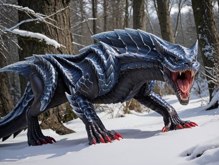 <lora:MH_Lunagaron_a1_8_PonyXL:.9>, score_9,score_8_up,score_7_up, nature photography,  (close_up shot, portrait), high angle shot, cropped photo, 
mhlunga,solo,feral,detailed background,yellow eyes,black sclera,forest,snow,red claws,open mouth,slit pupils,dutch angle,head turned,looking at viewer,
hardlight , bloom, subsurface scattering, sharp hyper detailed, (shiny metallic skin:1.2), (ultra-detailed scales:1.1), bright highlights, <lora:RM_Enhancer_v1.0_bf16:.1>  <lora:p:.2> <lora:Add_More_details_SD3:.5>