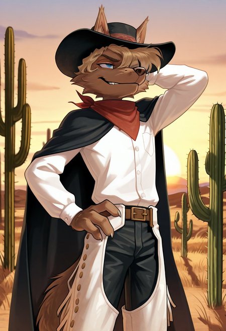 detailed background, detailed fur, cowboy shot, solo, 1boy, mid adult,  ProfessorGaon, wolf, blue eyes, smirk, head movement, western scenery, western background, outdoors, cactus, hand behind head, hand on hip, sunset, detailed scenery, black cape, white dress shirt, black hat, white chaps, black pants, red bandana, masterpiece, best quality, amazing quality, absurdres, newest, high res, ultra detailed, best quality, best artwork, detailed eyes, (eyes focus), perfect eyes, big iris, pupils visible, 4k, ultra quality, perfect face