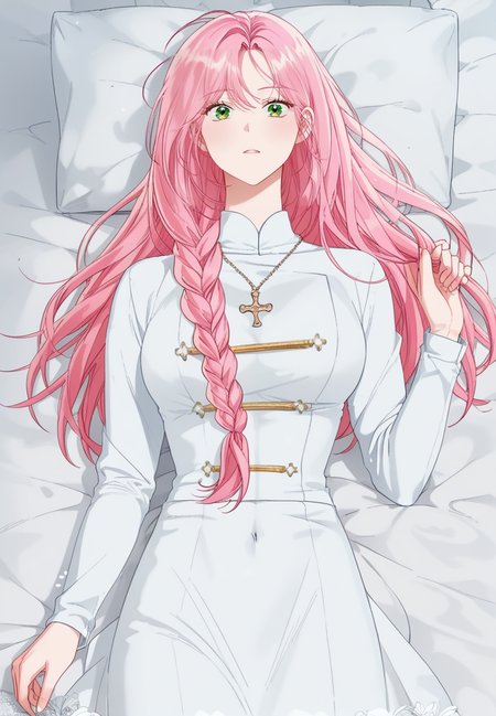 zPDXL3, score_9_up, score_8_up, score_7_up, (Anime_source),Masterpiece,(perfect female body:1.2), small waist,(incredibly detailed:1.4), slim, beautiful fingers, beautiful white skin, Beautiful clear skin, (big breasts:1.2) (thick thighs:1.2), parted lips, looking at viewer,  big breasts, (facing viewer:1.6) whole body, <lora:Ailette_Rodeline_-_The_Perks_of_Being_an_S-Class_Heroine-PONY-Kaleid:1>ailette rodeline, long hair, pink hair, eyes green, 1girl, necklace, bangs, braid, (large breasts:1.4) white priest robe, single braid, small waist, navel, standing, on back, lying on bed, from above,