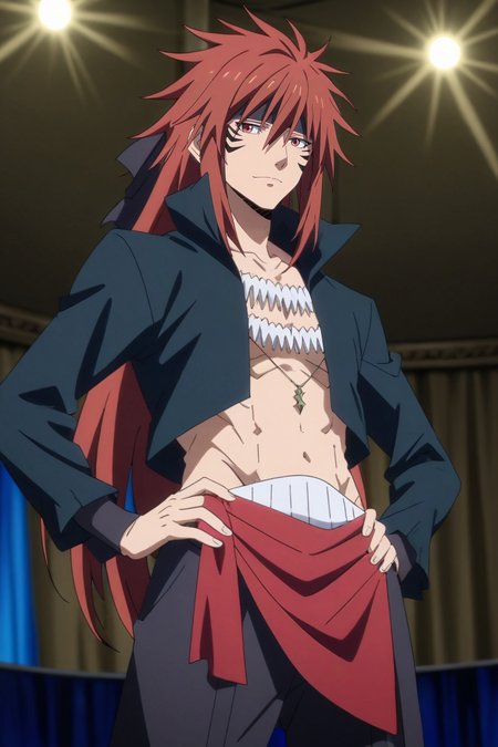 score_9, score_8_up, score_7_up, source_anime, rating_safe, , anime screencap, , official style, looking at viewer, depth of field, 1boy, solo, male focus, <lora:guy_crimson_pony:0.92>, guy_crimson, red hair, red eyes, long hair, facial mark, from below, concert, stage, stage lights, idol, noon, hands on hips, relaxed, , <lora:sdxl_lightning_8step_lora:1>