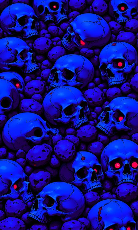 The image is a dense, chaotic arrangement of human skulls, predominantly in shades of blue and purple. The skulls are depicted with detailed features, including open mouths, visible teeth, and a mix of red and pink eyes. The background is filled with rocks, adding to the sense of chaos and decay. The overall composition creates a sense of foreboding and the afterlife.
BREAK j_art, <lora:FLUX\jul\J_Anime:1.0>, <lora:FLUX\RetroAnimeS1.1:0.0>, <lora:FLUX\GLSHS:0.0>, <lora:FLUX\Dieselpunk Delight - s0_9 g4:0.0>