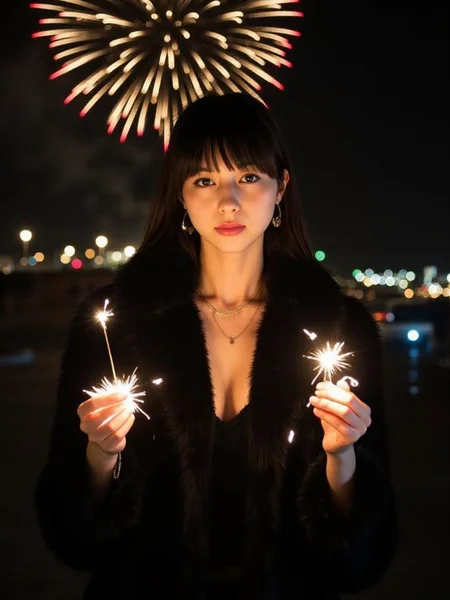There are wonderful studio lights and various reflections,
18yo beautiful cute girl with blushing and female orgasm.skin naturally showing the texture of blood vessels and detailed pale skin,
--,
<lora:Nakajo_Ayami_f1:1>,she is Nakajo Ayami, In clear,Elle,a beautiful young woman in a black fur coat,holds a sparkler in each hand,cleavage and collarbone,it is night and behind her a beautiful firework display can be seen in the sky... aidmatextimprover,,