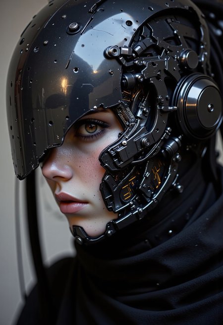 cpstyle, dystujo, The close-up reveals the terrifying face of a cyborg ninja, an intricate fusion of organic beauty and cold, mechanical perfection. Her face is framed by a sleek, polished helmet that partially covers her features, leaving only the lower half exposed. The exposed skin on her face is pale, almost ghostly, a stark contrast to the sophisticated mechanical enhancements that have replaced much of her body. Her left cheek and jawline are adorned with sharp, angular plates, seamlessly molded to her skin, their surface gleaming with a dark metallic sheen. Intricate circuit patterns snake down her neck, glowing faintly with pulses of electric energy that flicker like veins of lightning beneath the surface. The right side of her face is a chilling display of cybernetic mastery, where human flesh gives way to gleaming, polished steel and chrome. Her eye is encased in a dark, reflective visor, surrounded by a framework of sleek, geometric metal. The visor occasionally flickers with a deep amber glow, a direct connection to her augmented senses. The edges of the metal frame are adorned with fine micro-gears and minute, complex mechanisms that hum with energy, a silent reminder of the technological power running through her body. 