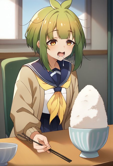 score_9, score_8_up, score_7_up, source_anime, masterpiece, 1girl, ct_bashame, brown cardigan, puffy sleeves, serafuku, blue sailor collar, yellow neckerchief, indoors, sitting, table, pov across table, rice bowl, drool,  shiny skin, holding chopsticks, <lora:Bashame_Meme_pony_ct_ver2:1>