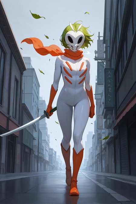 masterpiece, best quality, 1girl, solo, <lora:kunamashiro-illu-nvwls-v1:1> knmshir, green hair, short hair, mask, covered face, orange scarf, white bodysuit, orange gloves, orange boots, holding katana, facing viewer, full body, arms at sides, wide shot, grey sky, city street, wind, leaves blowing in the wind, wide shot