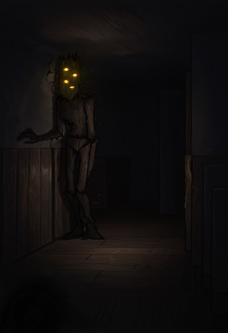 masterpiece, best quality, amazing quality, very aesthetic, absurdres, newest, cinematic, movie scene, foreground blur, volumetric lighting 
creaking, no humans, standing, monster, glowing eyes, yellow eyes, solo, 3 eyes, yellow sclera, wooden body,
inside house, living room, dark living room, horror, flashlightbeamILL, dark area, flashlight beam on subject,dark living room, high contrast
