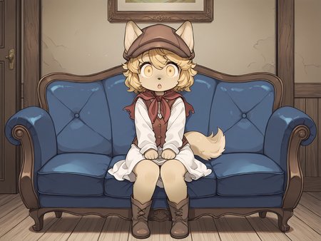 masterpiece, best quality, (absurdres), (highest quality), amazing quality, very aesthetic, no humans,
BREAK, <lora:Mei_Marzipan_Illustrious_V1:1>, mei marzipan, fuga: melodies of steel, kemono, furry female, 1girl, child, beige fur, blonde hair, yellow eyes, dog girl, animal ears, dog tail, dog ears,
BREAK, fuga 2 outfit, boots, dress, red scarf, vest, hat, 
BREAK, full body, inside, livingroom, couch, sitting, :o, happy, wide eyes, looking at viewer,