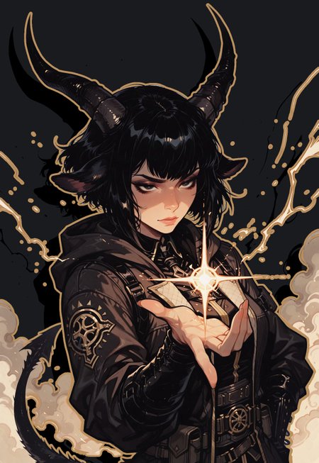 score_9, score_8_up, score_7_up, masterpiece, best quality, very aesthetic, detailed face, (dynamic:1.1), incoth, (incase:0.6), thick lines, outline, illustration, 1girl, demonic goat girl, black hair, slanted bob, black, dark, casting spell, arcane, horny, spaded tail, horns, upper body, angle, clean, animal ears, 