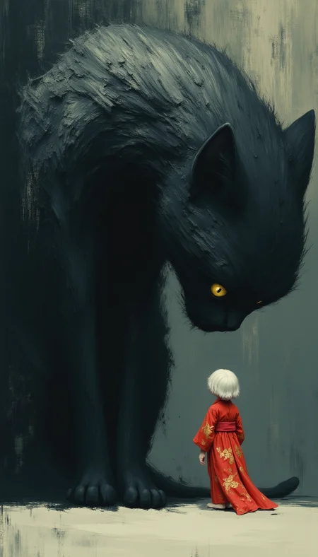 breathtaking breathtaking a digital painting in a fantasy and surreal style. The focal point is a large black cat sitting with striking yellow eyes that dominate the composition. The cat's fur is rendered with textured brushstrokes, giving it a sense of depth and realism. The cat's face is close to the ground, with its ears slightly tilted, creating a sense of curiosity and attention.
Standing in front of the cat is a small silhouette of a girl seen from behind with a pale, almost ghostly appearance. The figure has short, white hair and is dressed in a bright red kimono decorated with intricate gold patterns. The kimono flows gracefully to the ground, adding a sense of movement and elegance to the scene. The girl reaches out to the large cat.
The background is minimalistic, with a gradient of dark to light gray tones, giving a sense of depth without distracting from the main subjects. The overall mood of the image is serene yet slightly eerie, with the large cat towering over the smaller figure, the large cat staring sternly and menacingly at the smaller figure creating a dynamic and somewhat intimidating relationship between the two.
The textures in the painting are rich and detailed, with emphasis on the soft fur of the cat and the smooth, flowing fabric of the dress. The overall colour palette is dominated by cool tones, with the exception of the bright red dress.
 <lora:aidmaImageUpraderv0.3:0.6> <lora:- Flux1 - vanta_black_V2.0:1>  <lora:113_novuschromaFLX_1:0.4>, masterpiece, award-winning, professional, highly detailed . award-winning, professional, highly detailed