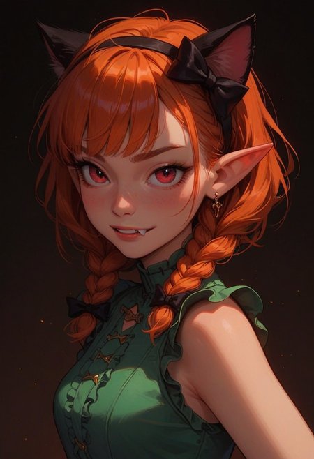 score_9_up, score_8_up, score_7_up, score_6_up, 1girl, 25 years old, perfect face, cute, petite, 
red eyes,
ginger hair, cat ears, braid, twin braids, fang, hair bow, pointy ears, fang, 
black bow, green dress, frilled dress, frills
DreamArt,