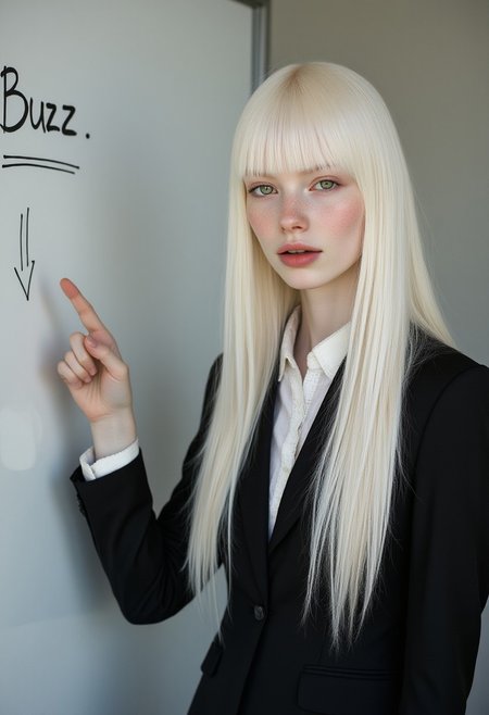 FictionalFiona, long white hair, green eyes, blunt bangs. In a three piece suit in an office.Sad face. Pointing at a whiteboard with a downward trend and the text "Buzz"