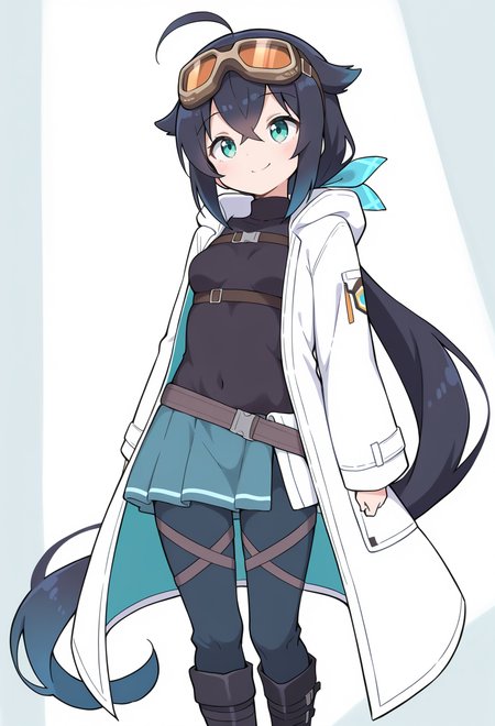 masterpiece, best quality, high quality, anime, solo,  <lora:Bubukka_IllXL:1>, smile, 1girl, teal eyes, (black hair:1.2), low ponytail, ahoge, absurdly long hair, hair flaps, hair between eyes, crossed bangs, small breasts, (goggles on head:1.2), hooded coat, open coat, black turtleneck, blue half-skirt, pants, black knee boots, multiple straps, white coat, layered clothes, blue hair ribbon, pants under skirt, belt, chest belt,