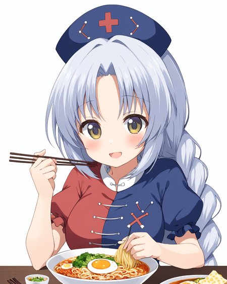 yagokoro eirin,1girl, solo, nurse_cap, bowl, ramen, blush, braid, open_mouth, egg, short_sleeves, smile, cross, white_background, simple_background, puffy_sleeves, dress, eating, holding_chopsticks, medium_breasts, upper_body
<lora:yagokoro_eirin_image2417_2023-12-20-000010:1>,star-shaped_pupils,symbol-shaped_pupils,. gorgeous,key visual, vibrant, studio anime,award-winning, professional, highly detailed,high budget, cinemascope