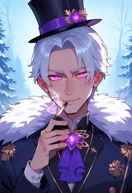 score_9, score_8_up, score_7_up, score_6_up, one anime style,1 boy, 20 year old, cute, frost magic, glowing frost veins,  masterpiece, best quality, short white hair, purple tux with top hat, clear purple eyes, pupils, purple glowing eyes, outside, snow background, calm expression, enjoying the moment, amused smile, smoking