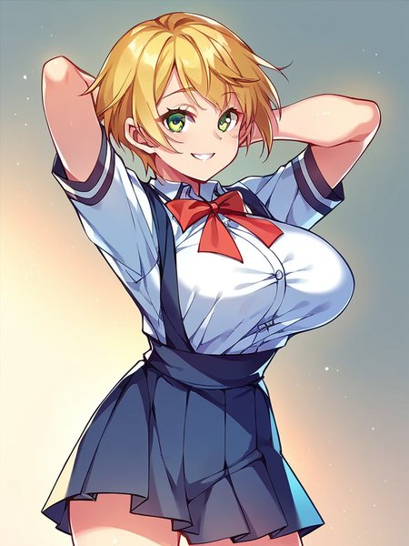 score_9, score_8_up, score_7_up,  
1girls, school uniform, pinafore, white shirt, short sleeves, red bowtie, pleated skirt, 

standing, smile, large breasts, blonde hair, short hair, green eyes, looking at viewer, arms behind head,
