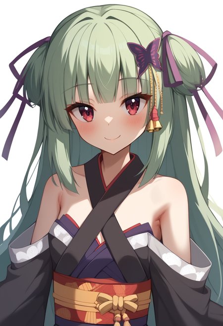 score_9,score_8_up,score_7_up,<lora:murasame_(senren)_pony:1>,hair_bell, bare_shoulders, hair_over_shoulder, murasame_\(senren\), smile, red_sash, closed_mouth, solo, head_tilt, purple_ribbon, white_background, armpit_crease, bad_id, bad_pixiv_id, commentary, hair_ribbon, criss-cross_halter, small_breasts, 1girl, happy, black_kimono, cross-laced_clothes, variant_set, eyelashes, simple_background, highres, blush, upper_body, sidelocks, looking_at_viewer