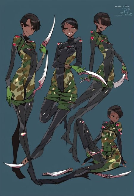 score_9, score_8_up, score_7_up, score_6_up, score_5_up, score_4_up,  1girl,  black eyes, green tree, ((midnight)), tilted angle, loop lighting, (((forest))), solo, ((((holding sickle)))), Concept Art, (((((((camo bodysuit))))))),  flat breasts, flat ass, skinny leg, skinny body, slim girl, (18 years old)), ((pettie)), narrow waist, flat chest, , (((short))), flat breasts, flat ass, narrow waist, ((flat chest)), (((short))), ((flat chest)), (((anorexic))), ((((dark skin woman))))), (((tight green glove))), ((((bodysuit)))), black hair, (((pixie cut))),  (((smug))), ((green glove)), , ((nipple)), ((((((dynamic pose)))))))   , ((((((dynamic hand))))))) , ((((((dynamic leg))))))) ,(((((((transparent black bodysuit)))))), ((transparent gas mask)), , ((((lesbian))))), ((((lying down)))), ((((character sheet))))