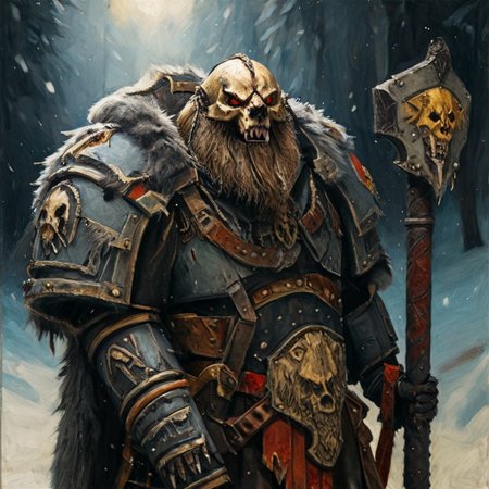 Space wolf warrior, wolf priest, chaplain, skull helmet, wolf skull helmet, wolf skull has a long snout that extends to the helmet mouth vent, the skull has fangs and glowing eyes, warrior with beard is in winter landscape, he is a werewolf space marine,  he as heavy scars, he has his huge runic hammer in his hands, portrait style, viking, norse, beard, clad in ripped furs and pieces of old worn space wolf armor, Black over black, top light, masterful painting in the style of Anders Zorn | Marco Mazzoni | Yuri Ivanovich, Todd McFarlane, oil on canvas
<lora:add-detail-xl:1> <lora:MJ52:0.5>
