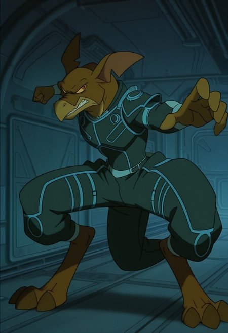 score_9, score_8_up, score_7_up, score_6_up, score_5_up, score_4_up, best quality, masterpiece, official screencap, source_screencap, high quality, vibrant colors, best quality rendering, intricate details, high resolution, sharp focus, best render quality,male,  solo,  Stith_Titan_AE, armor, sci-fi, smirk, action pose, full body