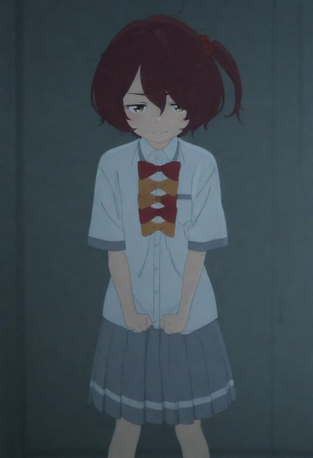 masterpiece, best quality, amazing quality,,, shiny skin,,,,,,anime coloring,anime screencap, ,, official art,,,,, <lora:Komari_Illustrious:0.9> komari_chika, yellow_eyes, brown_hair, short_hair, one_side_up,, school_uniform, white_shirt, collared_shirt, bow, pleated_skirt, grey_skirt, short_sleeves,