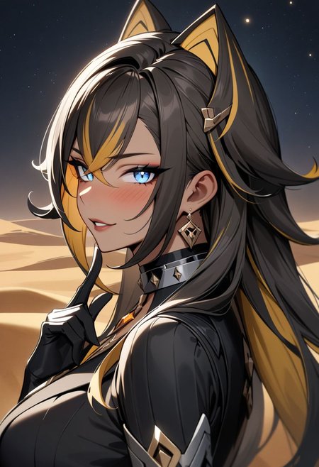 Dehya /(Genshin impact)/,solo, glowing eyes, parted lips, masterpiece, best quality, very aesthetic, absurdres, dark skinned female, blush , naughty face, lips, perfect lips, face focus, upper body, from side, looking at viewer, blue eyes, choker, neck, collar, long hair , desert, night, stars, dark skin, finger to mouth,