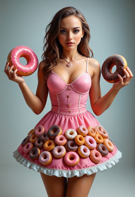 d0nu71f13d, An epic photo of an avant-garde Afropunk fashion model wearing a dress made of doughnuts, neon color, masterpiece, best quality, highly detailed, sharp focus, dynamic lighting, flux-style, mobe-cybideen