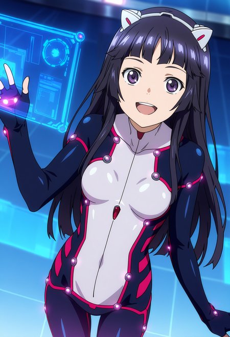 anime screencap, masterpiece, best quality,
<lora:GuiltyCrown_Tsugumi_IlluXL:0.9>,
1girl, solo, open mouth, light smile, happy, upper teeth only,
long hair, black hair, hime cut, purple eyes, fake animal ears, hairband,
TsugumiSuit, plugsuit, fingerless gloves, neon trim, 
standing, looking at viewer, cowboy shot, from above,
blurry background, blue background, holographic interface