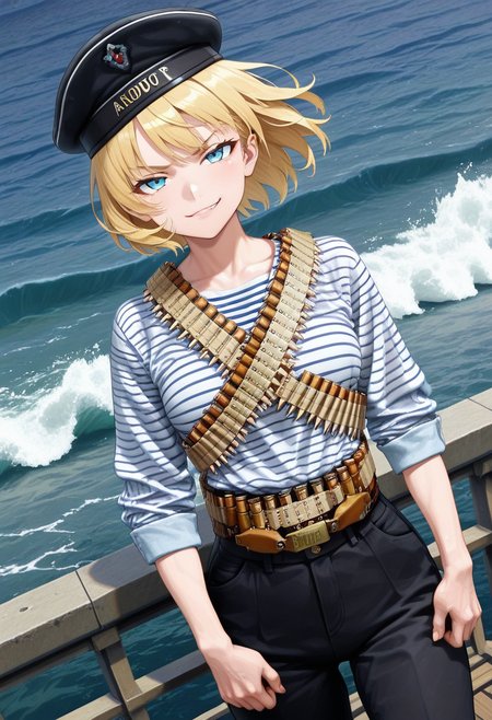 masterpiece, high quality, best quality, 1girl, solo, m4tr0s, black military hat, bandolier, ammunition belt, (striped shirt:1.4), black pants, cowboy shot, looking at viewer, short hair, blonde hair, blue eyes, sea, dynamic pose, military watercraft, wind, waves, rolled sleeves, smirk, from above, high angle, athletic, dutch angle,