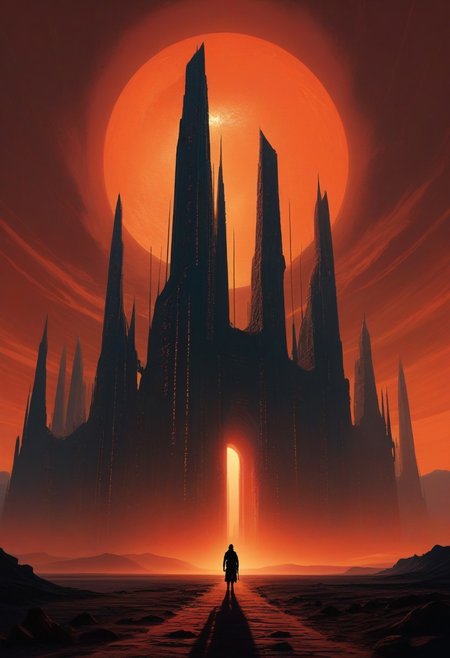 inksketch in red and black of towering, enigmatic structures rising from a barren, arid landscape. Each tower is adorned with intricate, glowing lines of orange and blue lights, hinting at the advanced technology within. In the distance, other towering monoliths are visible, creating a sense of endlessness. The lighting, casting long, dramatic shadows. The camera is set at ground level, looking up at the overwhelming scale of the station, emphasizing its imposing and mysterious nature, silhouetted against a red sky.