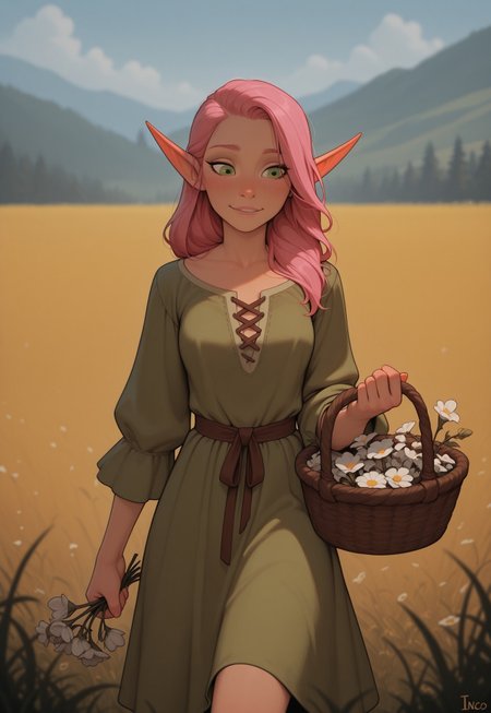 masterpiece, best quality, amazing quality, very aesthetic, DISNEY_ANIMATION, incoth, (incase:0.6), female, solo, (depth of field), medieval setting, field, day time

elf, pink hair, green eyes, cute face, slender, small breasts, long hair swept to one side, short elf ears, short ears,

simple dress,

walking in field, holding basket of flowers,