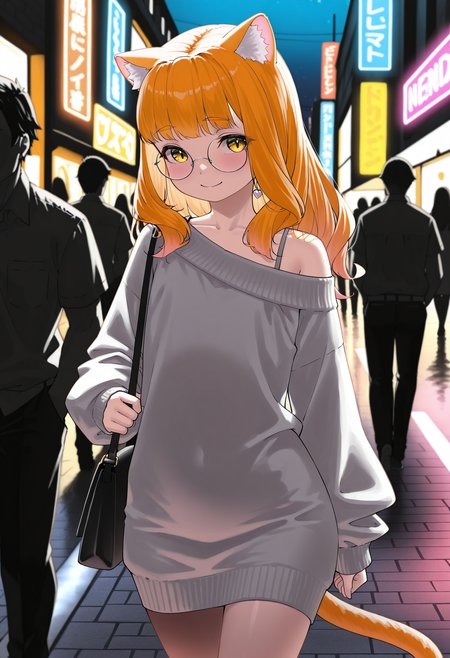 solo, 1boy, trap, flat chest, skinny, light orange cat ears, light orange cat tail, long hair, air_ bangs, (light orange hair), yellow eyes, slit pupils, round glasses,
night, street, moonlight, crowded, neon lights,
sweater dress, grey dress, off shoulder, holding handbag, makeup, earrings,
walking, smile,
cowboy shot,
<lora:PenDDIL-style:1>, pendd, masterpiece,best quality,amazing quality,