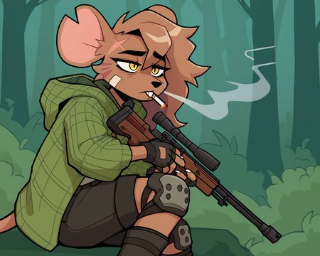 score_9_up, score_8_up, score_7_up, score_6_up, by remanedur, female, half-length portrait,  mouse, yellow eyes, facial scar, bandaid on face, notched ear,  face paint, brown hair, tail, brown fur, boots, black shorts, cigarette, cigarette in mouth, smoking,  green jacket, buckteeth, single knee pad, single thighhigh, fingerless gloves, cargo shorts, holding weapon, rifle, tired, neutral expression, holding gun, ranged weapon, rifle, green hoodie, solo, open jacket, side view, forest, <lora:Leah_Pines(AIM)_XL_v1:0.15> <lora:PDXL_artist_tags_v2_big:0.5> <lora:The-Minuscule-Task_PDXL_v1.0:0.6>  <lora:Leah_Pines_v2_WirelessShiba:0.7>