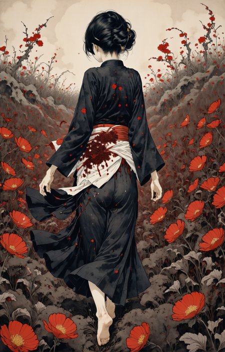 japanese line art, horror painting, from the back of a beautiful Noronhense woman with a small smile dancing on a field of bloody dead flowers, in the style of takato yamamoto <lora:takma2:1>