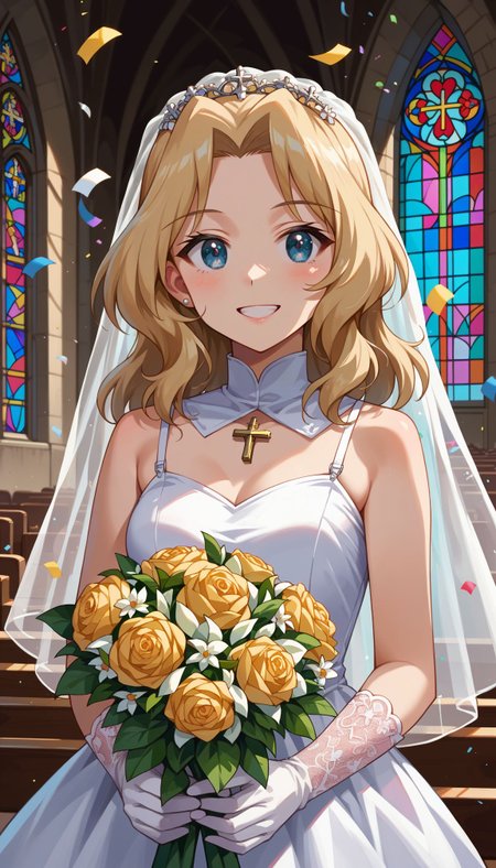 score_9, score_8_up, score_7_up, source_anime, 
 <lora:GUPKay:0.6> kay (girls und panzer), blonde hair, long hair, blue eyes, 1girl, hair intakes, 
ndoors, church, stained glass, whie veil, laced gloves, upper body, close portrait church, holding bouquet, (confetti:1.1), smile, white dress, wedding dress, church, holding bouquet, (confetti:1.1)