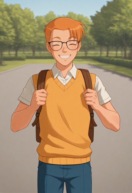 embedding:Illustrious\Positive\IllusP0s, embedding:Illustrious\Positive\IllustriousQual,1boy, male focus, solo, arnold_ts!, closed eyes, skinny body, orange hair, glasses, freckles, sweater vest, backpack, blue pants, cowboy shot, grin, look at viewer, outdoors background, detailed background, park, best quality, high resolution, masterpiece.