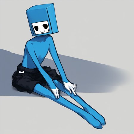 <lora:paddle-10:1.4> colored  skin, (square head:1), white face, solid circle eyes, smile, black eyes, full body, sitting down