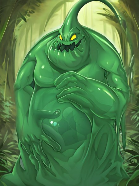 3tn3ss, masterpiece, absurdres, cowboy shot, League of legends, jungle, light shimmering in through the leafy canopy, dirt pathway, clearing in the distance

zac, Green slime monster, yellow eyes, translucent body, hand on the side of his stomach, chuckling softly, a human can be seen inside of him.