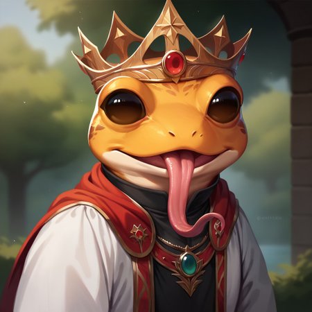(((detailed, beautiful, high quality))), score_9, score_8_up, score_7_up, solo, 
grungrace, anthro frog,
1 boy, male focus, golden skin, red mantle, royal mantle, golden crown, long tongue, black shirt, white pants,
looking at the viewer, posing, 
blurred background, fantasy background,