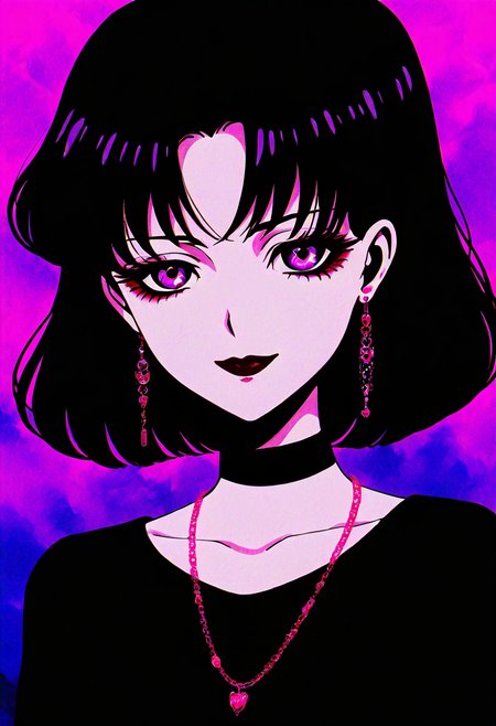 (masterpiece, best quality, good quality, very aesthetic, absurdres),    1girl, solo, eyelashes, (beautiful eyes),   pink neon, goth,  1girl, solo, looking at viewer, smile, short hair, bangs, shirt, black hair, jewelry, closed mouth, purple eyes, earrings, choker, necklace, parted bangs, black shirt, black choker, lipstick, portrait, red lips, anime coloring, tomoe hotaru, looking at viewer, short hair, black hair, closed mouth, purple eyes, parted bangs, black shirt, black choker, red lips, anime coloring, tomoe hotaru  ,<lora:GothRetroNAI:1.0>,