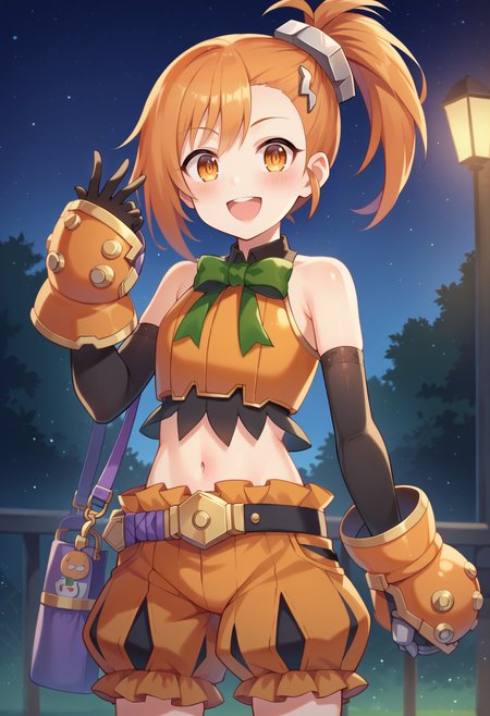 score_9, score_7_up, hd, (ultra hd quality details), source_anime, night, outdoors, 
solo, 1girl, pcrmisogi, side ponytail,
pcrmisogi, side ponytail, misogihal, green bow, hair ornament, orange crop top, bare shoulders, detached sleeves, midriff, elbow gloves, black gloves, gauntlets, orange shorts, puffy shorts,
looking at viewer, blush, smile, open mouth, 
hand up, standing,
<lora:_misogipcr-elesico-pony:0.9>