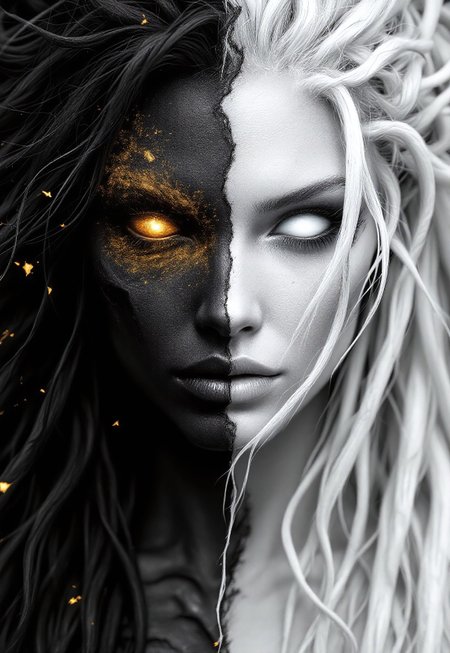 A portrait of Hel's face, the ruler of Helheim. Her marvelous wild mane covers part of her beautiful face and bare chest. Both eyeballs are completely blank and featureless, similar to the eyes of the Silver Surfer, devoid of pupils and irises. The face is divided into two halves. The left side of the face shows signs of decay and decomposition, with lifeless dark-coal skin, hard bones are visible under the torn skin, Shreds of golden ash detached from her skin. Her left eyeball is golden. The right half of the face is of unearthly beauty, with flawless, blight skin. Her right eyeball is snow-white. The transition between the two halves of the face is fluid and unobtrusive, symbolizing the brief moment between life and death. The picture is in a monochromatic scheme, mainly with shades of black, white and gray.
