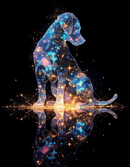 aidmamj6.1, vibrant reflective holographic drawing in the style of ckhg art of  silhouette of a puppy surrounded by sparkling light particles
particles cascading down from the puppy
Puppies reflected in a mirror are depicted as upper and lower objects
black background
Fantastic and mysterious illustration like a world in a dream
 <lora:aidmaMJ6.1_v0.5_3:0.4>  <lora:ck-holographic-glitter-000015:0.5>