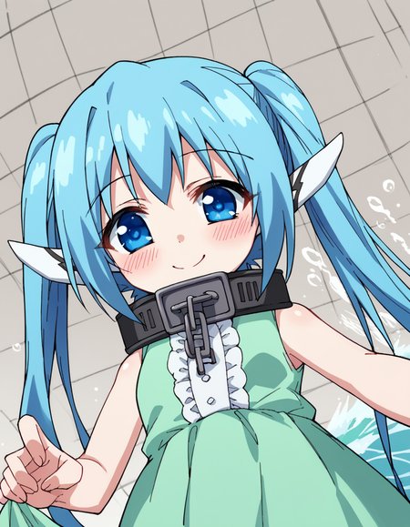 score_9, score_8_up, score_7_up, source_anime, <lora:otoshimono-nymph-s2-ponyxl-lora-nochekaiser:1>, nymph, long hair, blue eyes, twintails, blue hair, collar, chain,, dress, green dress, center frills, sleeveless,, ocean, waves, saltwater, fish, vast, , <lora:lap-pov-ponyxl-lora-nochekaiser:1>, lap pov, lap pillow, from below, ceiling, looking down, pov, blush, smile,, looking at viewer, solo,, dutch angle, cowboy shot