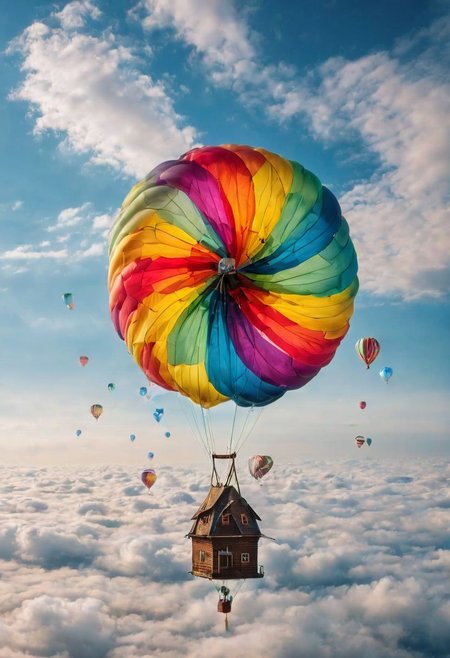 professional photograph, of a (flying_windmill , floating unsupported high in the sky above the clouds the highest_quality fully funtional windmill is flying), (feathers , kites, balloons in the breeze) realisticvision-negative-embedding, epiCRealism