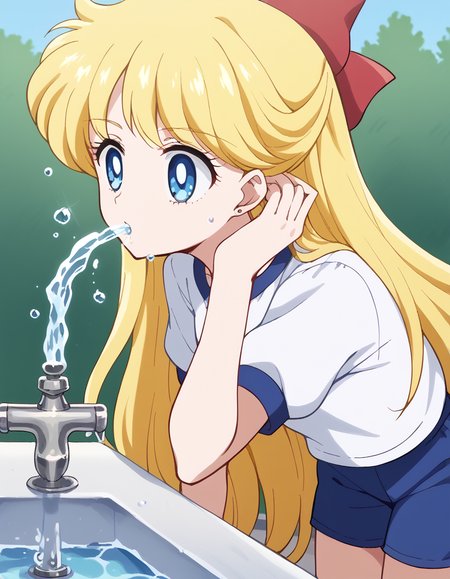 score_9, score_8_up, score_7_up, source_anime, <lora:minako-aino-eternal-movie1-ponyxl-lora-nochekaiser:1>, minako aino, blonde hair, blue eyes, bow, hair bow, half updo, long hair, red bow, tiara,, <lora:drinking-fountain-ponyxl-lora-nochekaiser:1>, drinking fountain, faucet, drinking, fountain, water, water drop,, gym uniform, gym shirt, gym shorts, bent, leaning forward, <lora:tucking-hair-ponyxl-lora-nochekaiser:1>, tucking hair, adjusting hair, hand on own hair, hair behind ear,, cowboy shot,