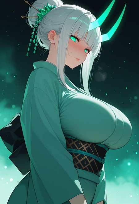 masterpiece, best quality, amazing quality, 
1girl, silver hair, hair bun, sidelocks, hime cut, blunt bangs, hair ornament, emerald eyes, glowing eye, glowing eye trails, japanese clothes, kimono, glowing, looking at viewer, obi, sash, from side, horns, glowing horns, particles, glowing particles, detailed, (shiny skin), soft shaded, depth of field, aqua theme, fog, green theme
,dutch angle, dark background, (night:0.8), blurry background, glowing light particles, depth of field
,nose blush, sweat, steaming body, lips, large breasts,  mature female, <lora:AGM_style_IL_v0.1:1.0>